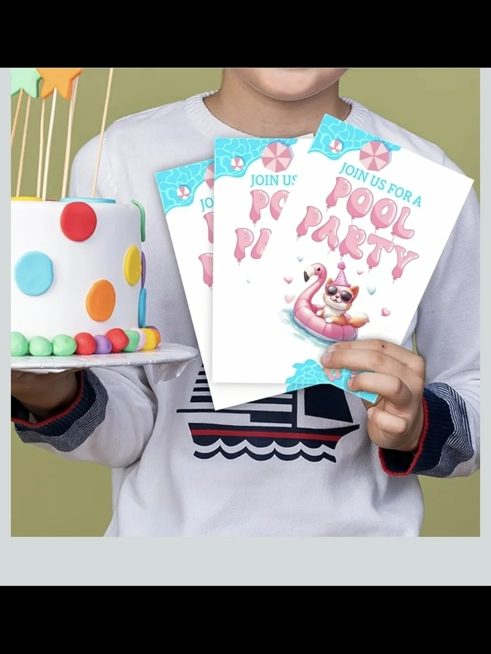 Pool Party 30 Cards & 30 Envelope Invitations Pink Flamingo Float & A Cat Summer